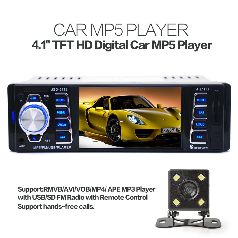 

5118 4.1 Inch 1 Din 50W x 4CH HD Car Stereo Radio Bluetooth MP3 MP5 Player Support USB / FM / TF / AUX with Rearview Camera