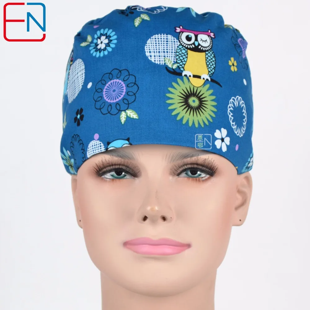 Hennar Women Surgical Caps Masks Cotton Dark Blue Print Scrub Caps