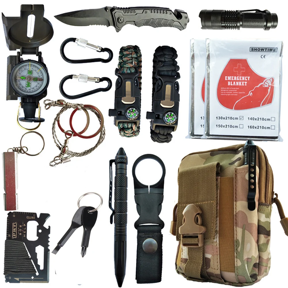 Baratos 16 En 1 kit de supervivencia al aire libre juego de Camping viaje multifunción Primeros Auxilios SOS EDC suministros de emergencia táctico para herramienta de naturaleza