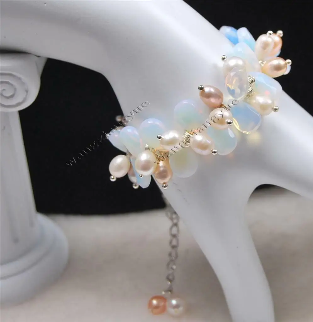 

Charming!Rice Shape Pearl/Faceted Moonstone Teardrop Beads Bracelet