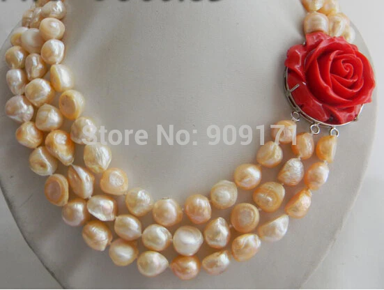 

Free Shipping>>>>3Strands 18'' 11mm Pink Baroque Freshwater Pearl Necklace