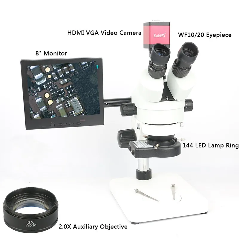 Simul focal 7X~ 90X непрерывный зум Тринокулярный Стерео микроскоп+ HDMI/VGA микроскоп камера+ 144LED светильник+ 8' монитор+ держатель