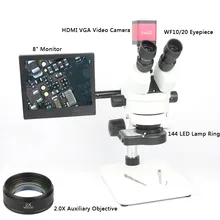 Continuous Zoom Binocular Visual 7X-45X Trinocular Stereo Microscope+HDMI VGA Microscope Camera+144LED light+ 8'Monitor+Holder Continuous Zoom Binocular Visual 7X-45X Trinocular Stereo Microscope+HDMI VGA Microscope Camera+144LED light+ 8'Monitor+Holder