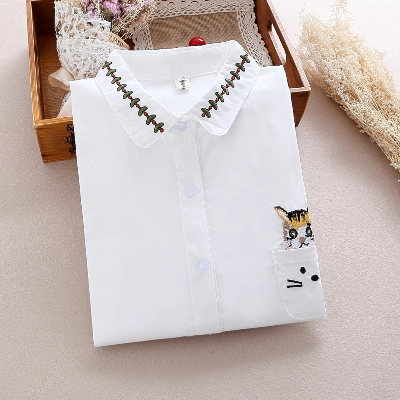 JKKUCOCO New Embroidery Cat Pocket Women Shirt single breasted Long Sleeve Casual shirts Women