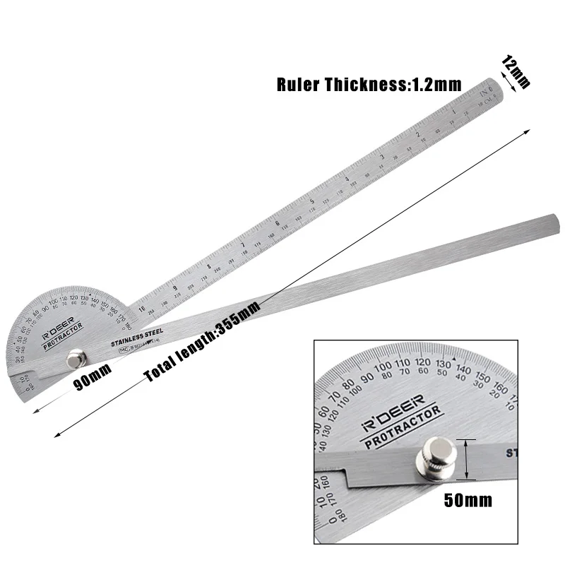 R'DEER 250 мм Угловая линейка 0-180 градусов, нержавеющая сталь с двойной ручкой транспортир датчик угла