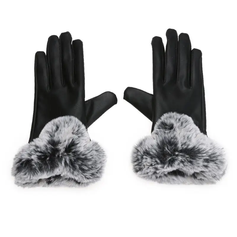 2018 г. модные однотонные Цвет Элегантный женский волос кролика Зимние перчатки Для женщин кожаные перчатки женские PU кожаные перчатки