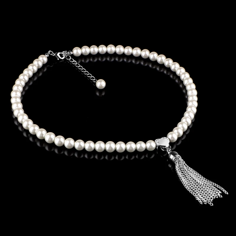 Women Fashion 316L Stainless Steel Pearl Necklace Silver Color Crystal Heart Necklace Designer Tassel Necklace For Jewelry Gift  (2)