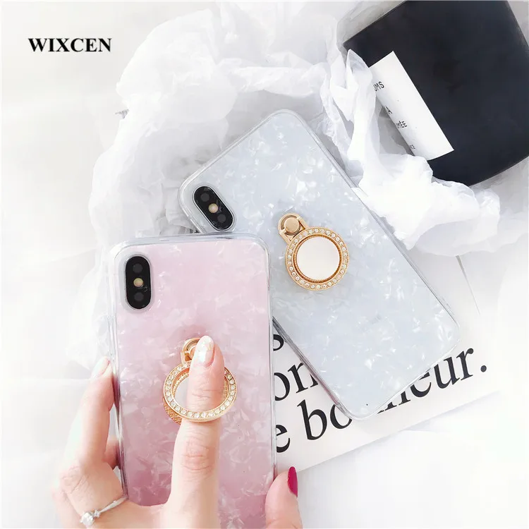 Wixcen Luxury Crystal Pink Shell Ring Holder Phone Case for Iphone 7 7plus 6 6s 8 X Glitter Soft Tpu Back Cover Fundas |