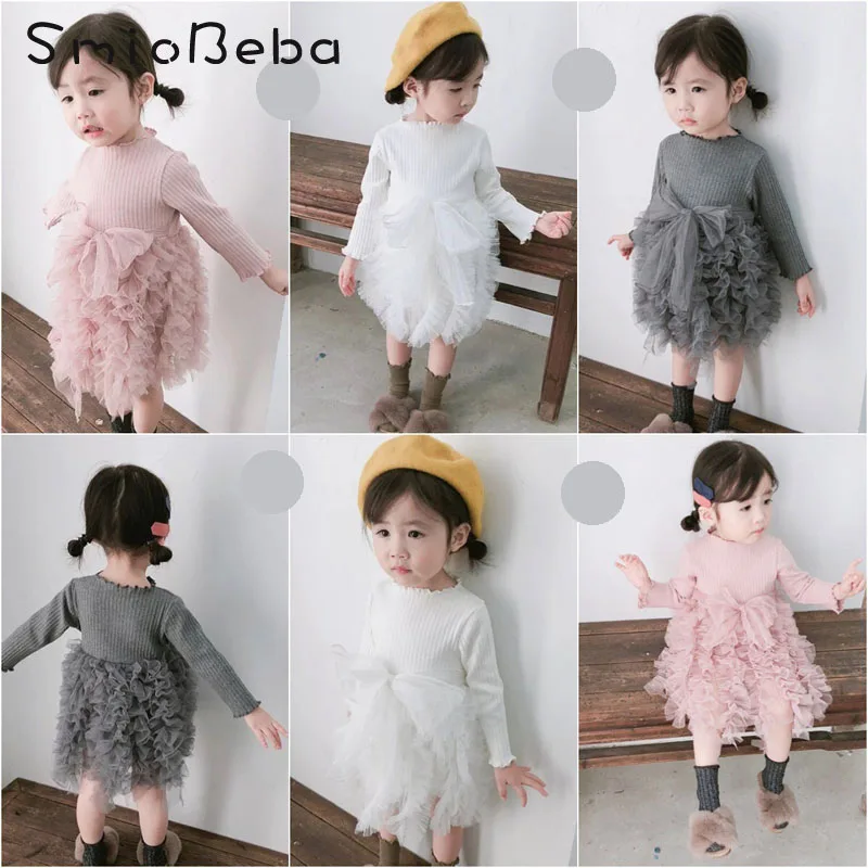 

Autumn Children's Dress Clothes Newborn Infant Sweet Pink Girls Princess Dresses Lace Knitwear Long Sleeve Bow Ties Winter Dress