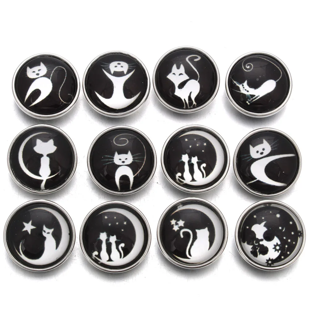 

10pcs/lot New Cute Black&White Cat Glass Snap Button Jewelry Mixed 18mm Glass Snap Buttons For DIY Snap Bracelet Necklace