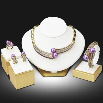 

Wedding African Beads Jewelry Sets Purple Pearl Gold Women 2019 New Design Necklace Earrings Bracelet Ring Free Gift Box
