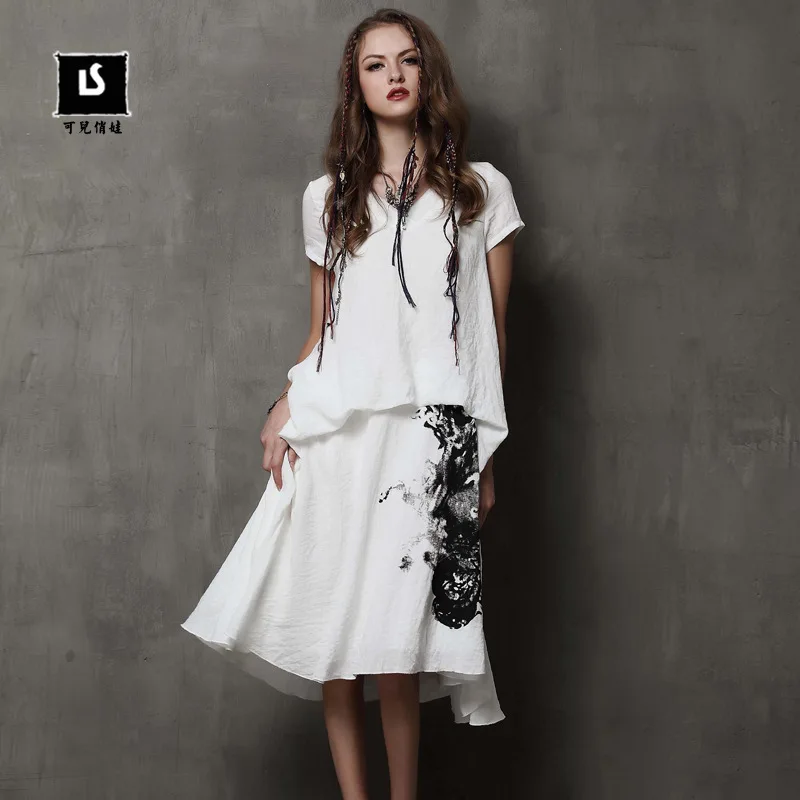 

summer wear the new printing short sleeve dress Cotton dresses and linen big yards loose dress A6529 restoring ancient ways