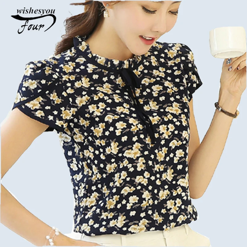 

2019 New Summer Ladies Floral Print Chiffon Blouse Bow Neck Shirt Short Sleeve Chiffon Tops Plus Size Blusas Femininas 37i 25