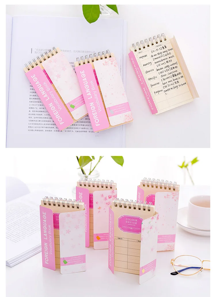 Креативный розовый Сакура иностранный язык лексика катушка книга мини тетрадь Дневник Блокнот Эсколар Papelaria