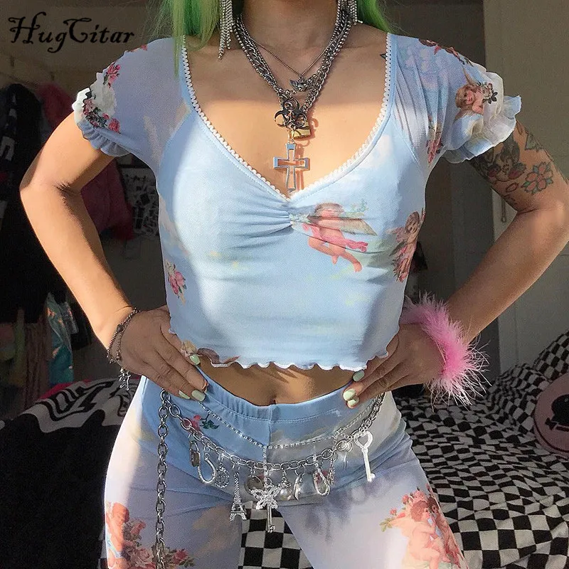 

Hugcitar V-neck short sleeve mesh print sexy cut crop tops 2019 summer women fashion female party streetwear T-shirts