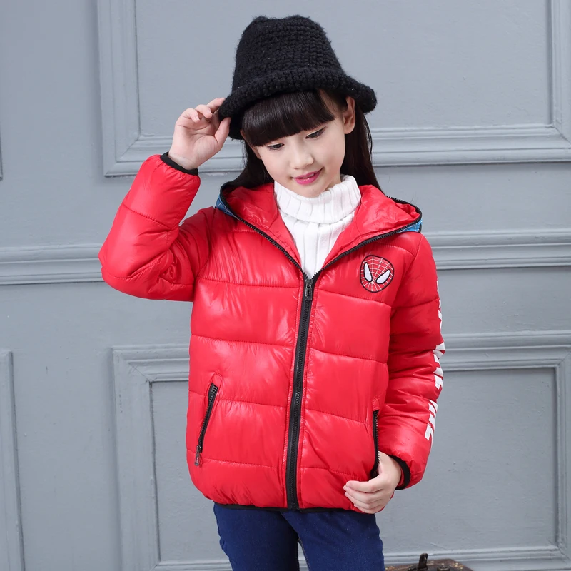 boy girl winter warm jacket coat breathable duck feather down zipper spider man hat hooded collar wind proof 4T 5T 6T 7T 8T 9T
