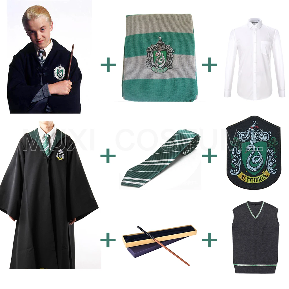 

Free Shipping Slytherin Malfoy Robe Cloak Pullover Sweater Shirt Necktie Scarf Badge Metal Core Wand for Harris costume