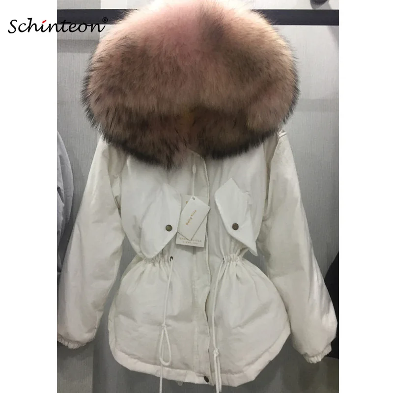 Schinteon/Зимний женский теплый пуховик с огромным 100% натуральным мехом енота