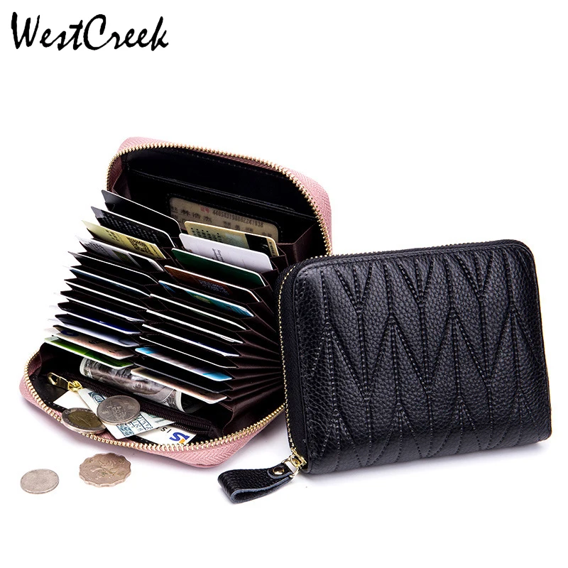 

WESTCREEK Brand Men/Women Genuine Leather RFID Zipper Credit Card Holder Passport Travel Wallet Coin Purse Business Cards Holder
