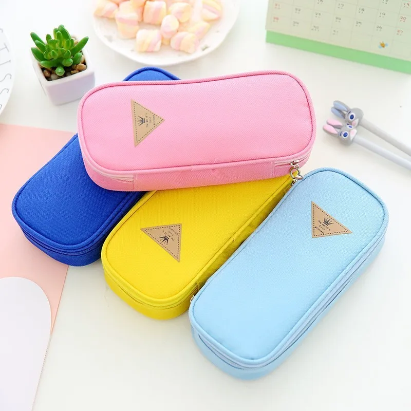 Cute Macaron Colors Big Canvas Pencil Case For Girls Kawaii Pencil Box Pen Case School Supplies Stationery