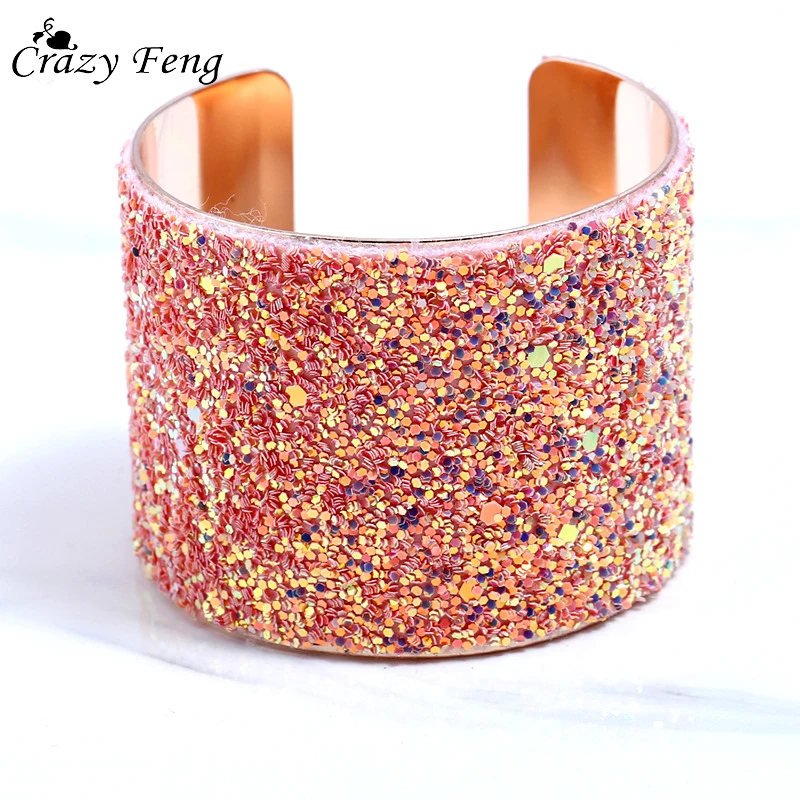 

Crazy Feng 2018 Gold Color Punk Cuff Bangles Bracelet for Women Shiny Sequin Open Wide Bangles Fashion Indian Jewelry Pulseiras