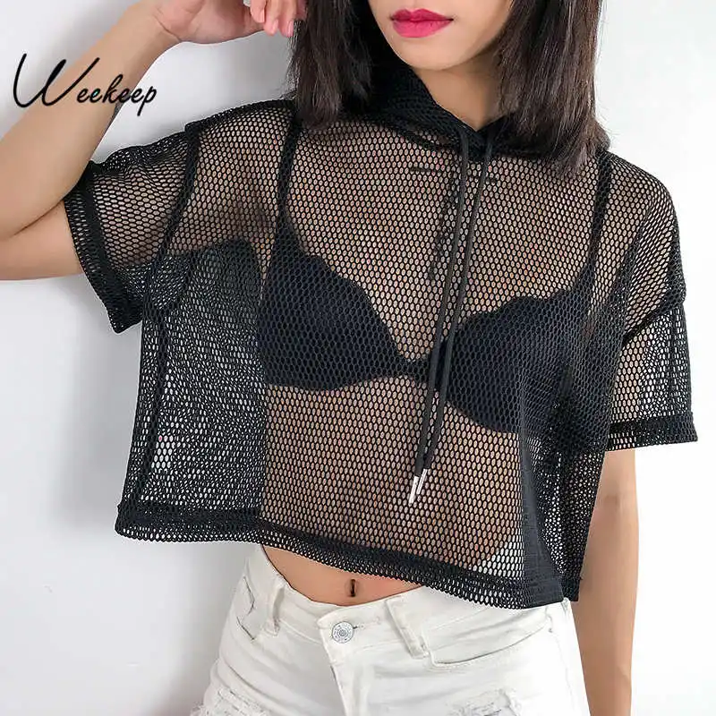 

Weekeep Women Black Hooded Mesh t shirt Streetwear Loose Short Sleeve t-shirt 2019 Summer Sexy Perspective Tee Shirt Femme Tops