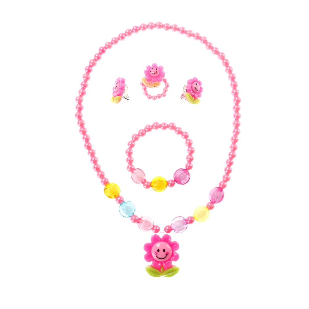 Candy Beads Resin Plastic Kids Jewelry Set For Children Flower Pendants Cute Necklace Bracelet Ring Earrings Baby Jewelry