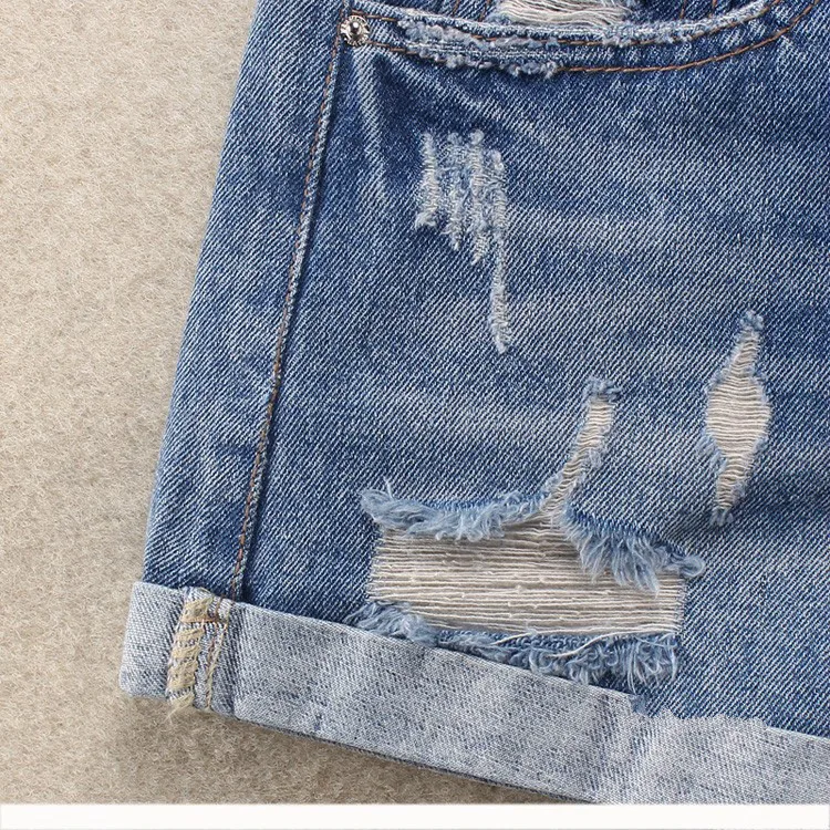 Синий обжимной джинсовые шорты для женщин Лето 2019 г. Повседневное рваные середины талии молния Fly Шорты