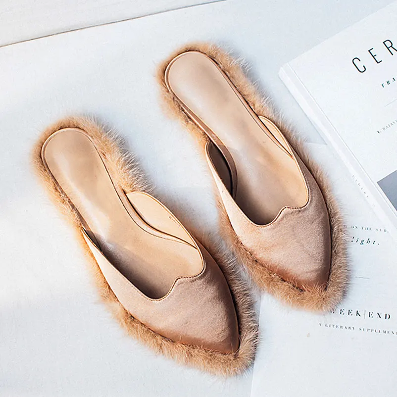 2017 New Women Slipper Flats Fashion Designer Womens mink hair Loafers Pointed Toe Satin Shoes 
