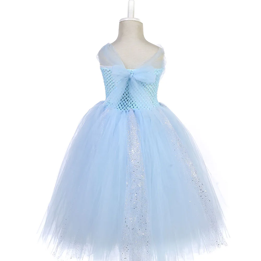 Light Blue Princess Belle Beauty and the Beast Dress Girls V-neck Ankle Length Party Dress Tutu Sparkle Ployester Mesh Ball Gown (3)