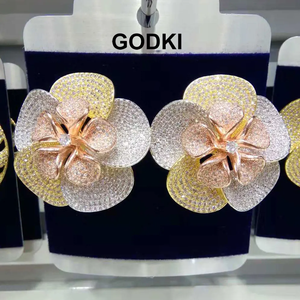 

GODKI Trendy Luxury Big 3 Tone Hollow Flower Stud Earrings For Women Wedding Cubic Zircon CZ Indian Bridal Earrings Bohemia Hot