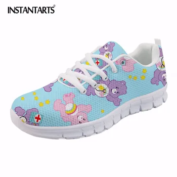 

INSTANTARTS Nursing Casual Mesh Sneakers Women Fashion Breathable Flat Shoes 3D Cartoon Nurse Bear Pattern Woman's Lace Up Flats