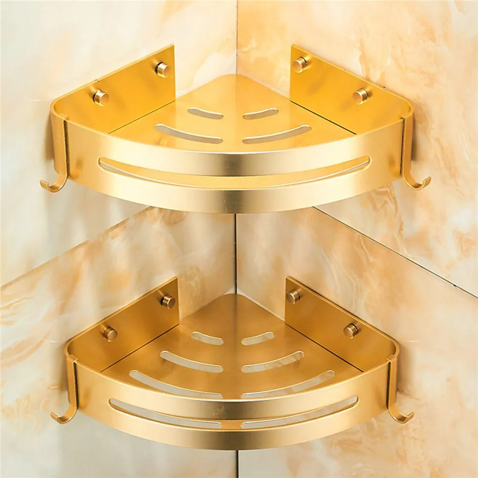 Ванная комната золото полка душ Caddy прочный Алюминий 1/2/3 яруса душ кухонная корзинка для хранения клей всасывания угловые полки