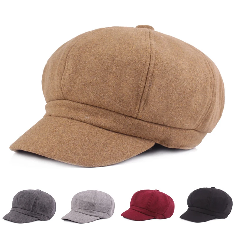 

HT1482 Retro Autumn Winter Spring Wool Beret Cap Men Women Plain Solid Octagonal Newsboy Cap Vintage Painter Artist Female Beret