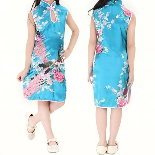 Children Girls Chinese Cheongsam Floral Peacock Lapel Sleeveless Summer Dress