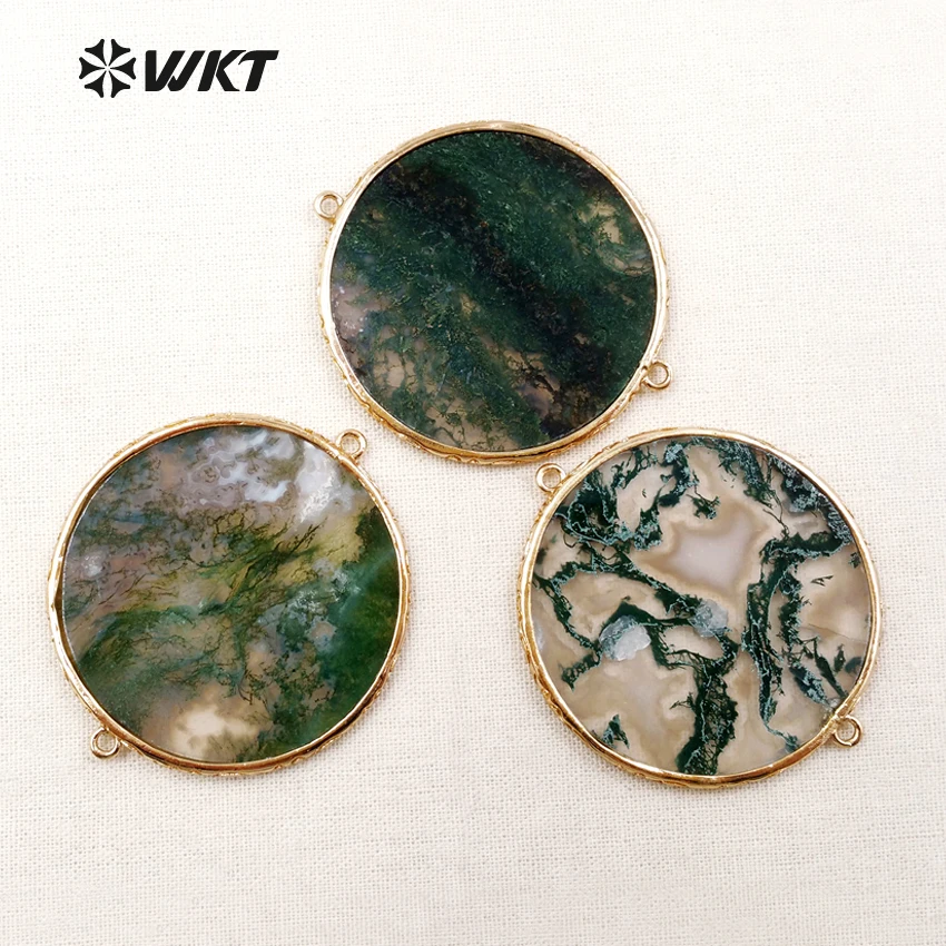 

WT-C236 wholesale trendy connectors high quality round shape pendant natural stone slice with 24k metal plated for DIY jewelry