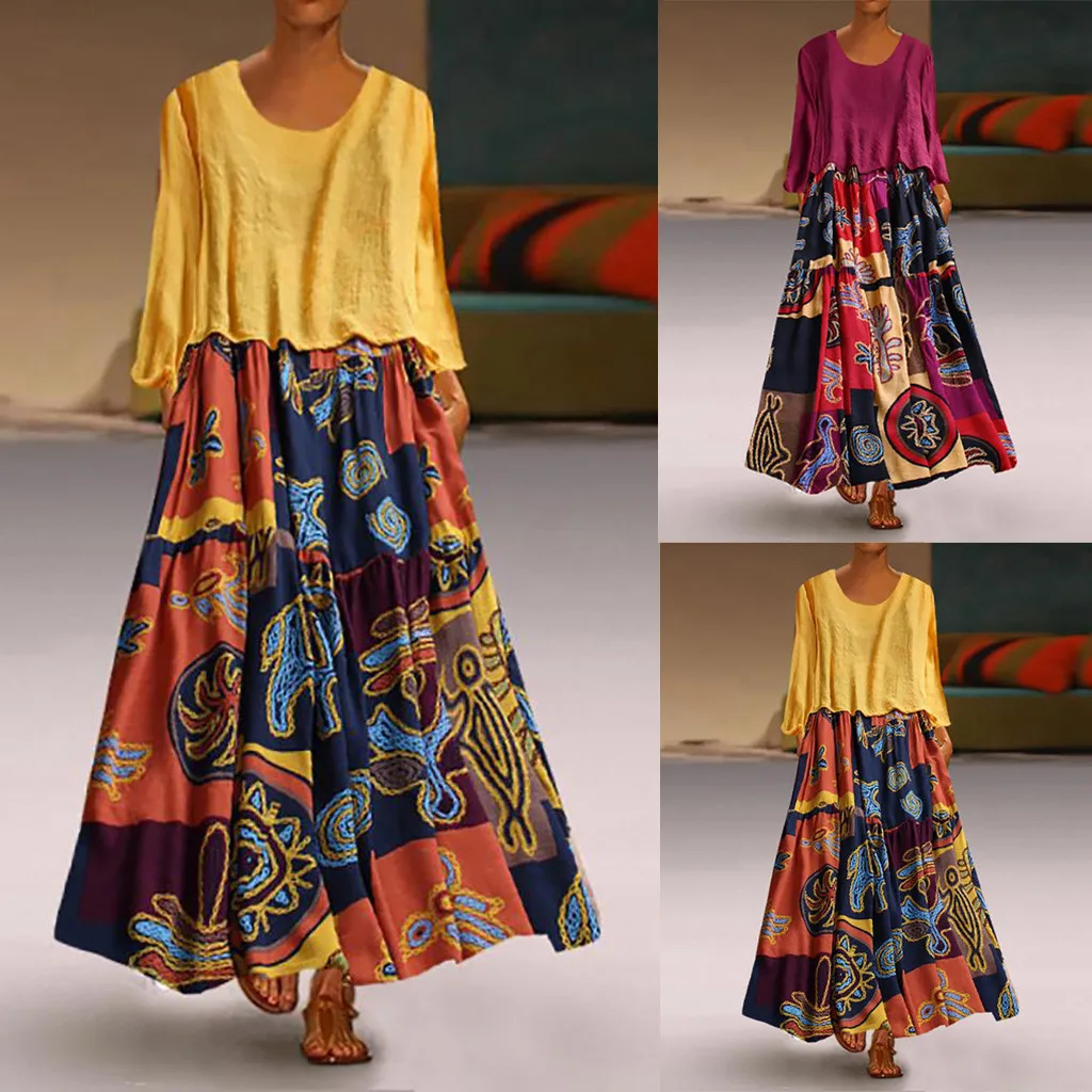 

Dress 2019Top Women Plus Size Patchwork Two-piece O-Neck Print Vintage 3/4 Sleeve Maxi Dress
