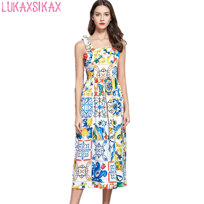 

LUKAXSIKAX 2019 New Summer Women Dress High Quality Retro Blue And White Porcelain Printing Sling Dress Luxury Runway Dress