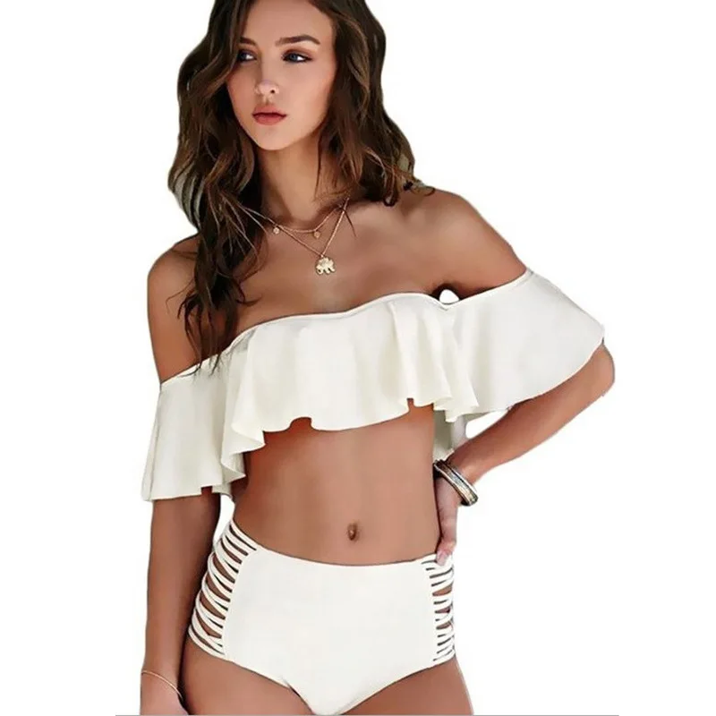 Sweet Slash neck Young Lady Bikini Big Ruffles girl swimwear High waist swimming suit Push Up Swimsuit Bathing Suit Beachwear (2)