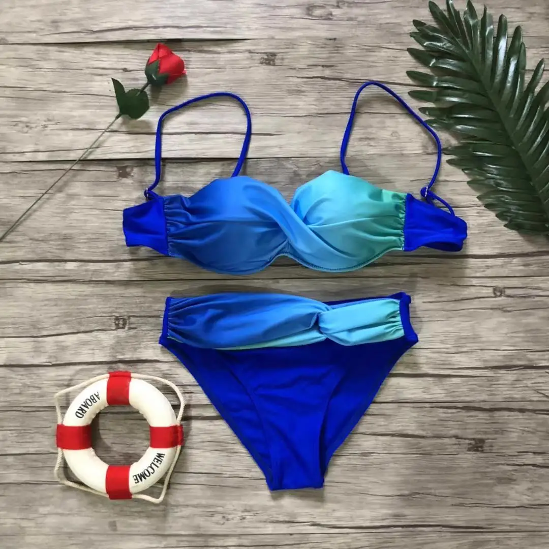 Сексуальный комплект с бюстгальтером, Женский бандо, бандаж, бикини, комплект с подкладкой, бразильский купальник, пляжная одежда, мода - Цвет: Синий