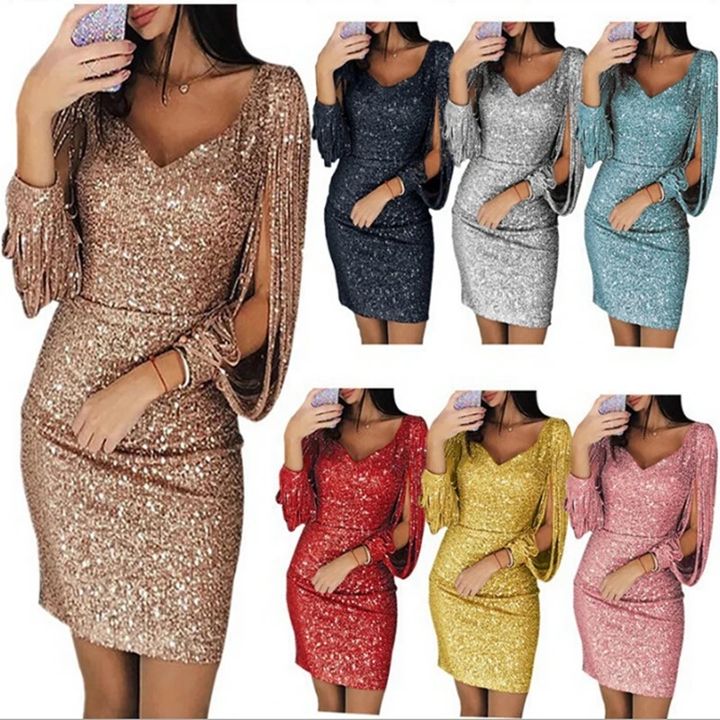 

Summer Dress 2019 Women Sexy Solid Sequined Stitching Shining Club Sheath Long Sleeved Mini Dress Women Vestidos Robe