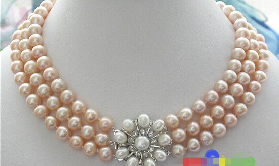 

FREE SHIPPINGA++ 3ROW 10mm PINK ROUND FRESHWATER PEARL NECKLACE FLOWER P1936