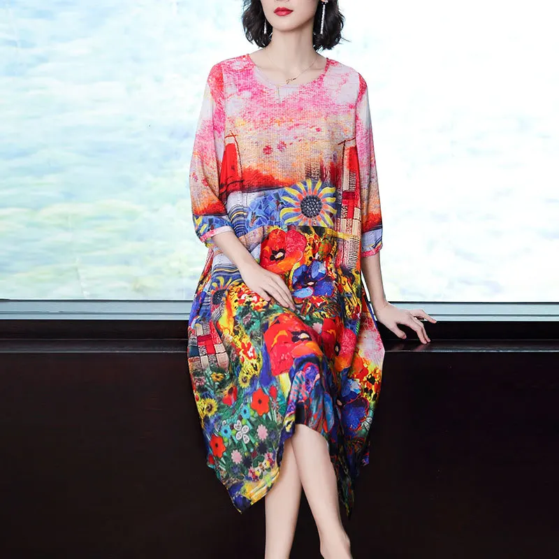 

Silk dress 2019 summer new loose printed beach women's dress large size M-3XL high quality Retro fashion elegant party vestidos