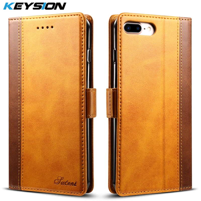 KEYSION Vintage Wallet Case for iPhone 7 8 Plus TPU + PU Splice Leather Card Pocket Kickstand Flip Cover for iPhone8 8P 7 Plus