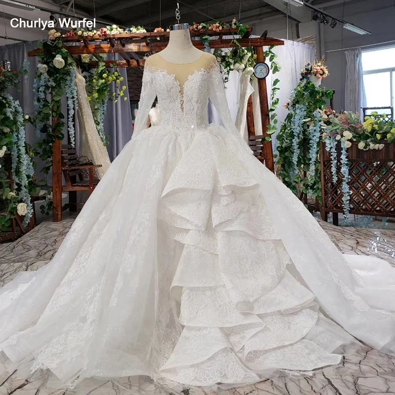 

HTL638 special luxury wedding dresses long sleeve o-neck lace up back appliques wedding gowns with train vestido de novia 2019