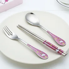 Keythemelife Hello kitty Kitchen Stainless Steel Cutlery Dinnerware sets with Box Outdoor Travel Dinner Set 2B