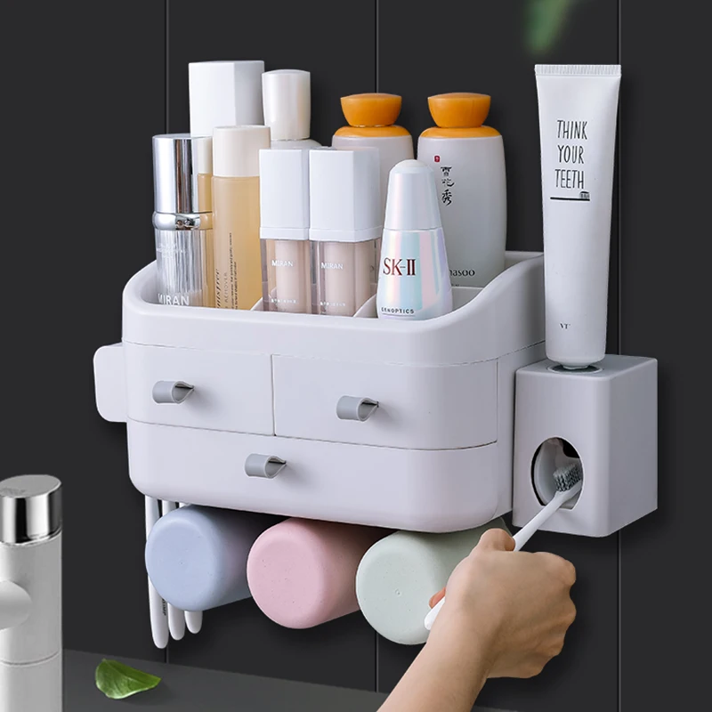 

Double drawer with toothpaste extruder wall mount Auto Squeezing Toothpaste Dispenser Toothbrush Holder Suction Cup Set