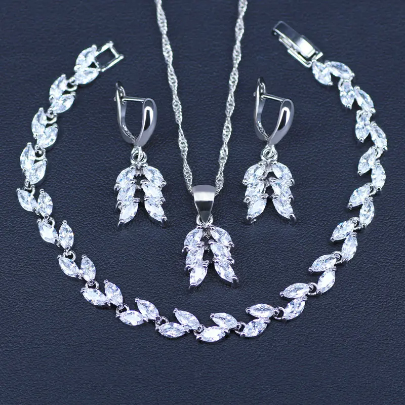 

White Crystal Bridal Silver 925 Jewelry Sets Women Pendant&Necklace&Bracelets Ring Earrings With Natural Stones Bracelets