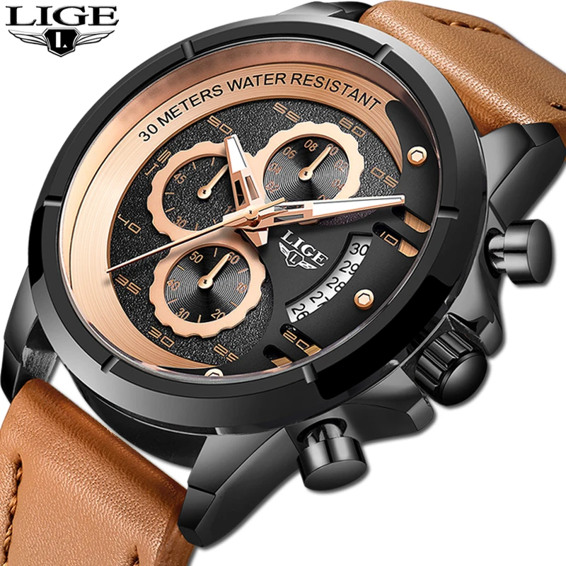 

LIGE 2019 Men Watch Top Brand Business Leather Waterproof Quartz Sport Watch Chronograph Military Men's Clock Relogio Masculino