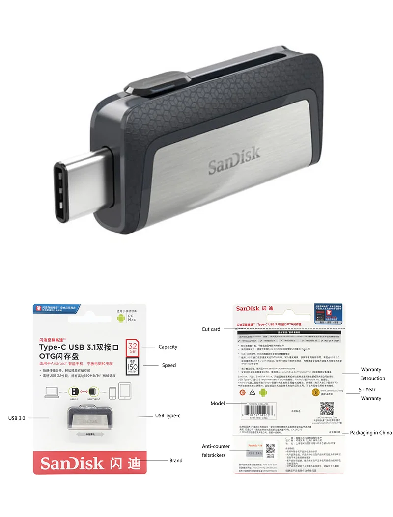 Sandisk 2 в 1 USB 3,1 type-C флеш-накопитель 128 Гб 64 Гб двойной OTG USB флеш-накопитель 32 Гб USB карта Micro USB флэш-накопитель для устройств type-C